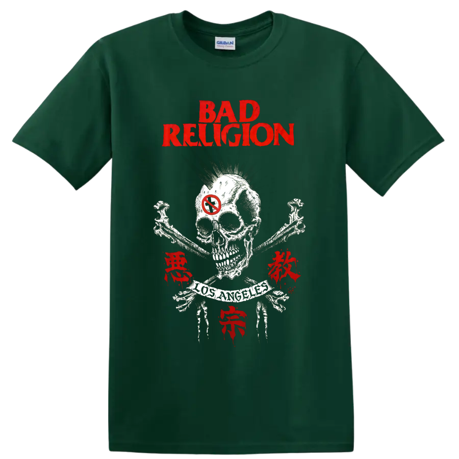 Bad Religion distressed red skull and crossbones punk graphic on a Forest Green T Shirt