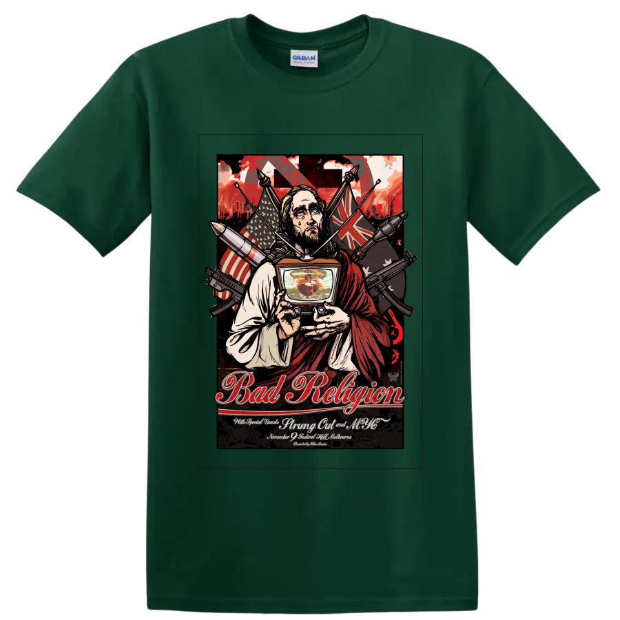 Bad Religion punk rock concert poster graphic with robed figure and television on a Forest Green T Shirt