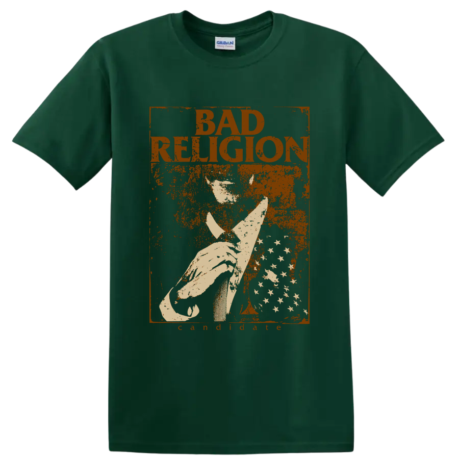 Bad Religion distressed punk rock graphic with bold lettering and central illustration on a Forest Green T Shirt