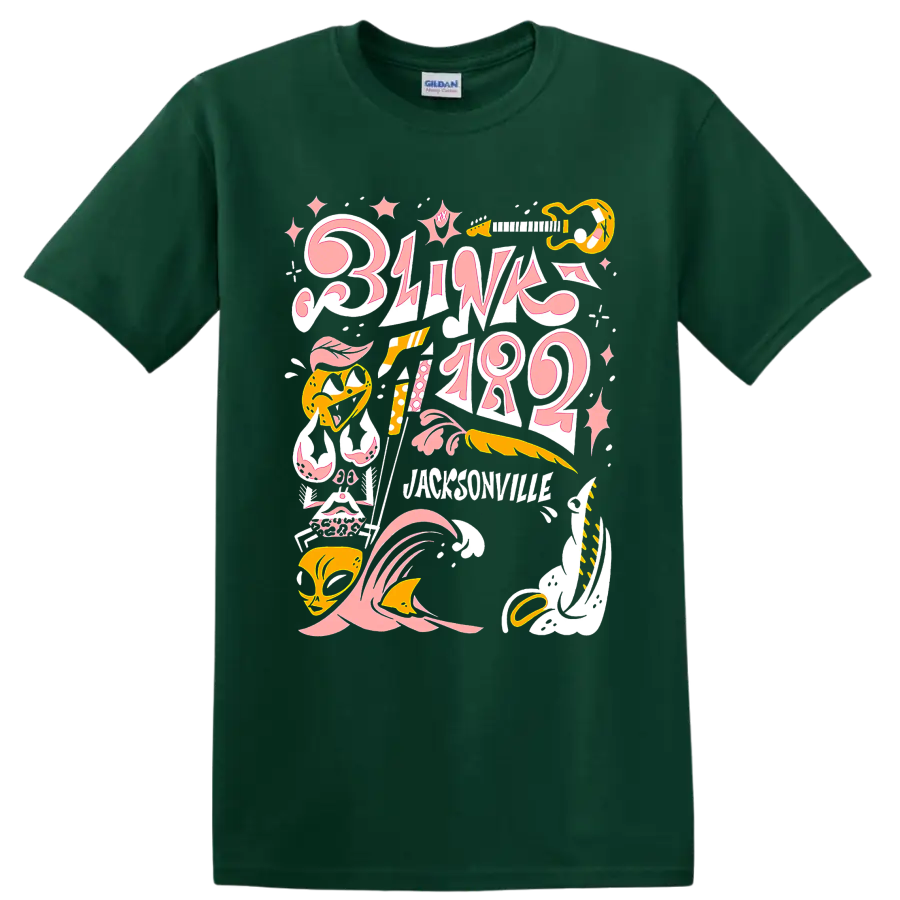 Blink-182 punk rock graphic print with pink lettering and yellow music accents on a Forest Green T Shirt