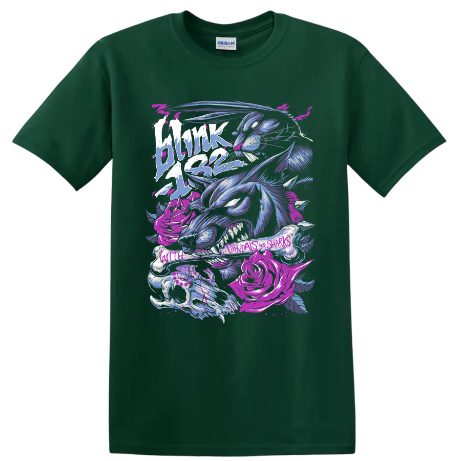Blink-182 punk rock graphic with a blue skeletal creature and magenta details on a Forest Green T Shirt