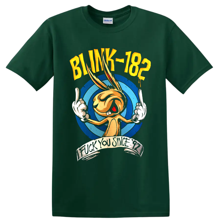 Blink-182 punk rock graphic with orange cartoon character and blue circles on a Forest Green T Shirt