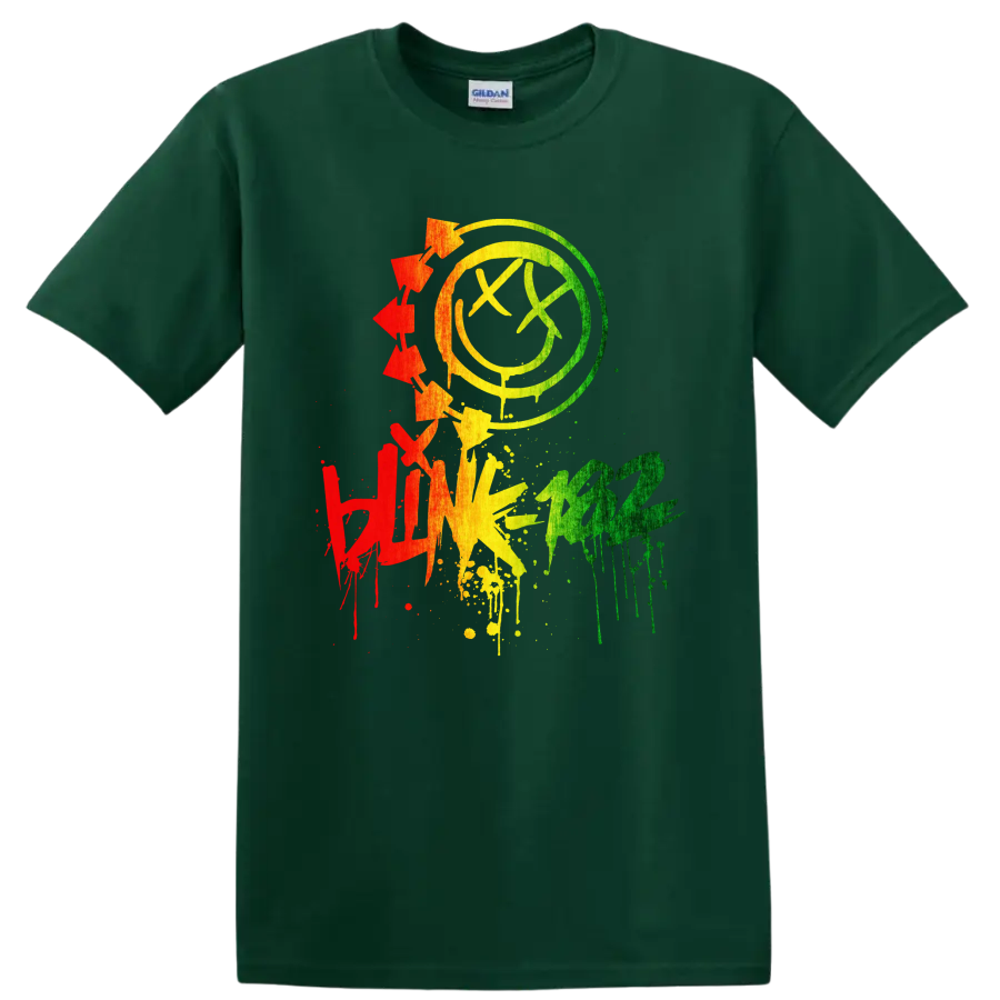 Blink-182 colorful distressed smiley punk rock graphic on a Forest Green T Shirt