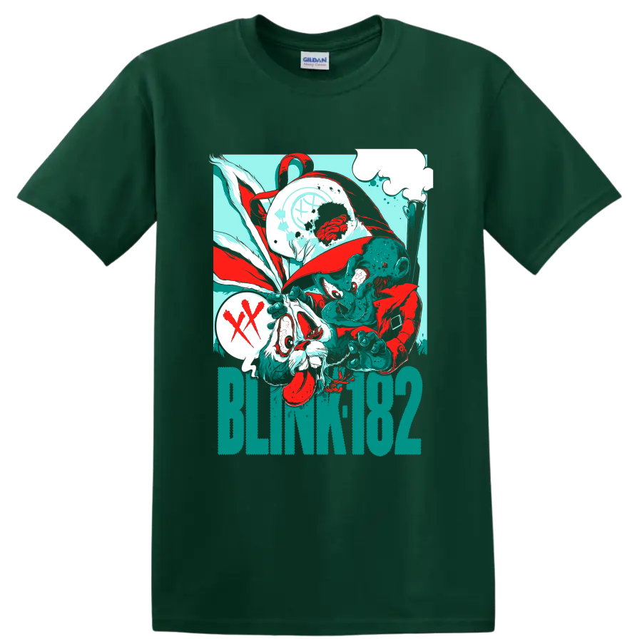 Blink-182 punk rock distressed cartoon horror graphic on a Forest Green T Shirt