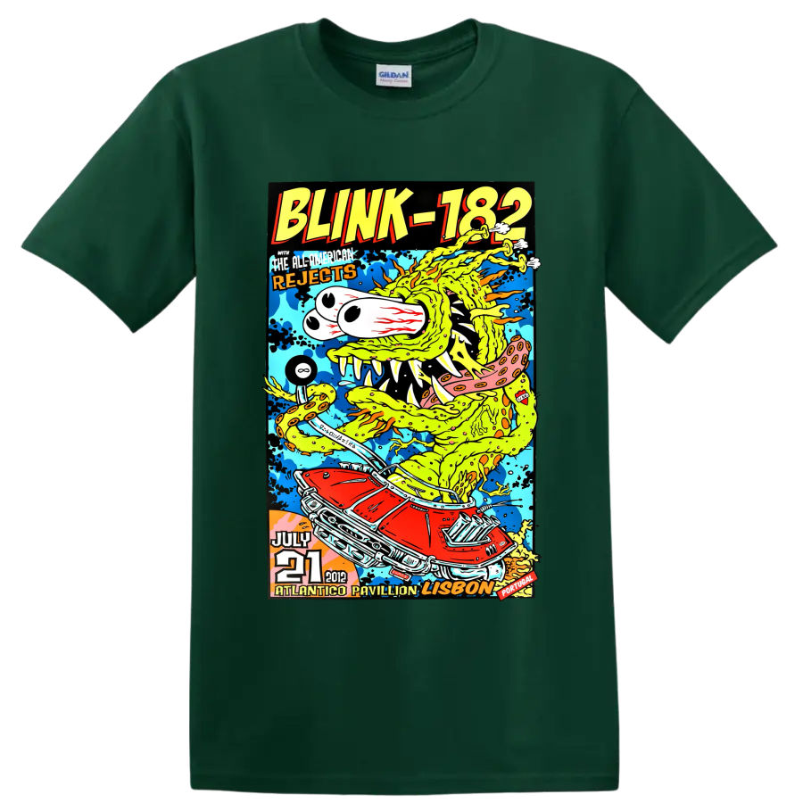 Blink-182 colorful punk rock concert poster with cartoon creature and red car on a Forest Green T Shirt