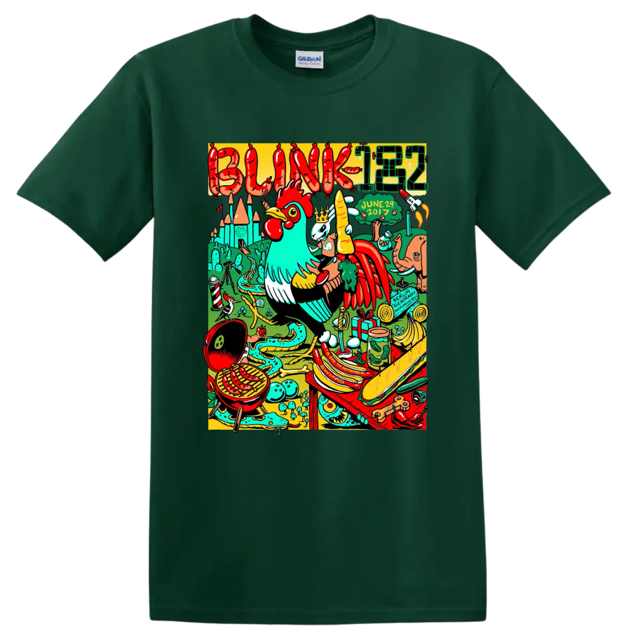 Blink-182 colorful surreal punk rock graphic with bold band lettering on a Forest Green T Shirt