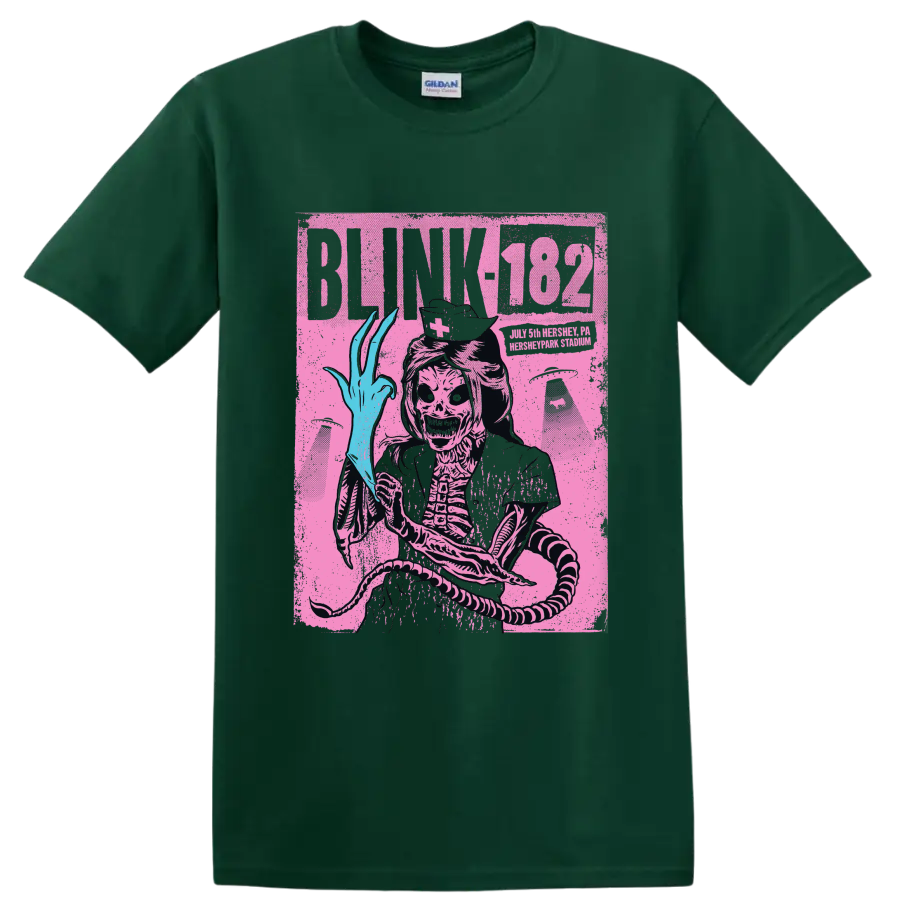 Blink-182 skeleton punk rock graphic with distressed poster-style artwork on a Forest Green T Shirt