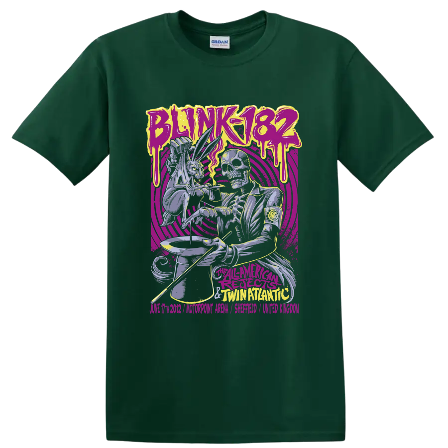 Blink-182 punk rock skeleton graphic with purple and yellow artwork on a Forest Green T Shirt