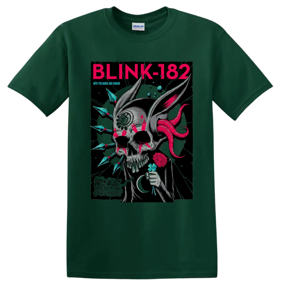 Blink-182 punk rock skull graphic with magenta tentacles and flowers on a Forest Green T Shirt