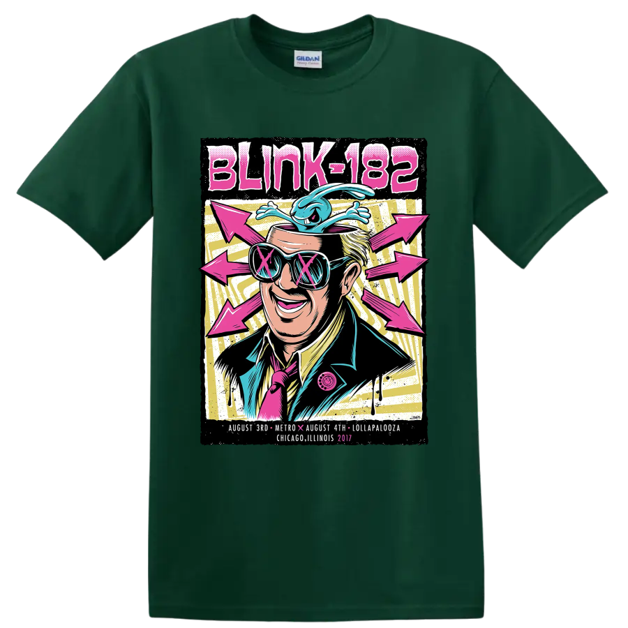 Blink-182 punk rock festival graphic with sunglasses, blue creature, and pink arrows on a Forest Green T Shirt