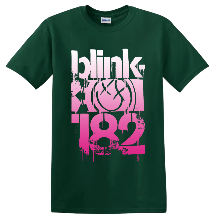 Blink-182 pink distressed punk rock lettering with smiley-style graphic on a Forest Green T Shirt