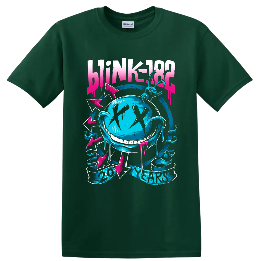 Blink-182 punk rock globe graphic with arrows and distressed lettering on a Forest Green T Shirt
