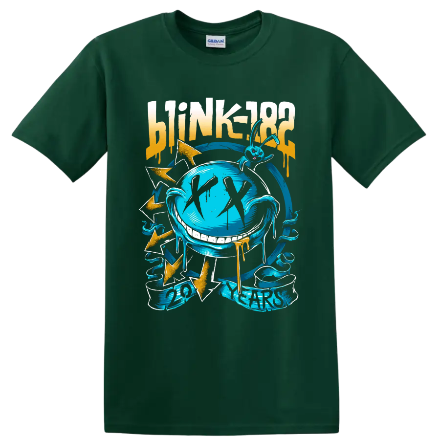 Blink-182 punk rock graphic with distressed lettering, blue globe, and lightning bolts on a Forest Green T Shirt
