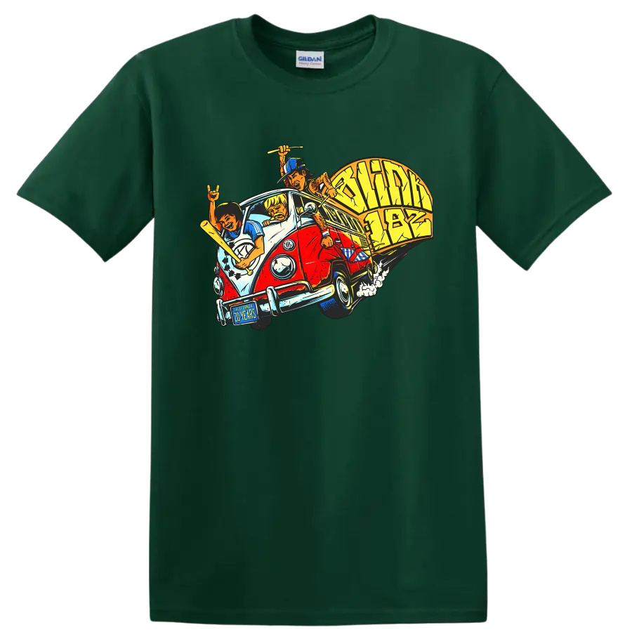 Blink-182 punk rock van graphic print with musicians and instruments on a Forest Green T Shirt