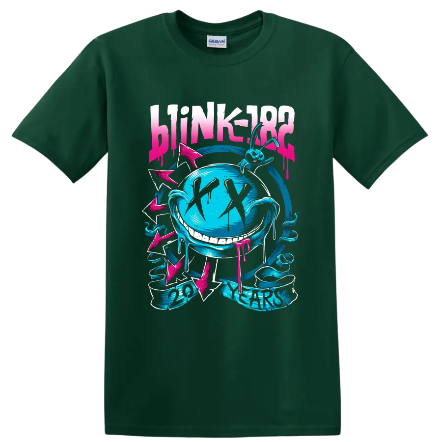Blink-182 punk rock graphic with aqua cartoon rabbit, arrows, and bold lettering on a Forest Green T Shirt
