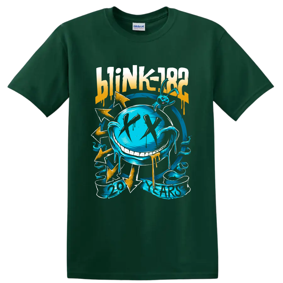 Blink-182 punk rock graphic with turquoise-blue cartoon bunny and gold accents on a Forest Green T Shirt