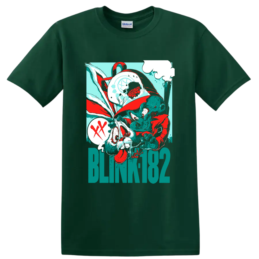 Blink-182 surreal punk rock artwork with BLINK182 text on a Forest Green T Shirt