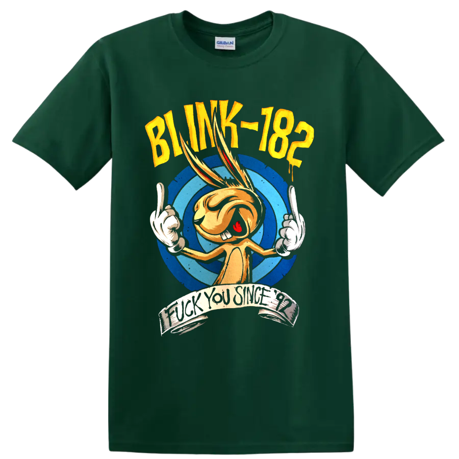 Blink-182 punk rock cartoon graphic with distressed lettering on a Forest Green T Shirt
