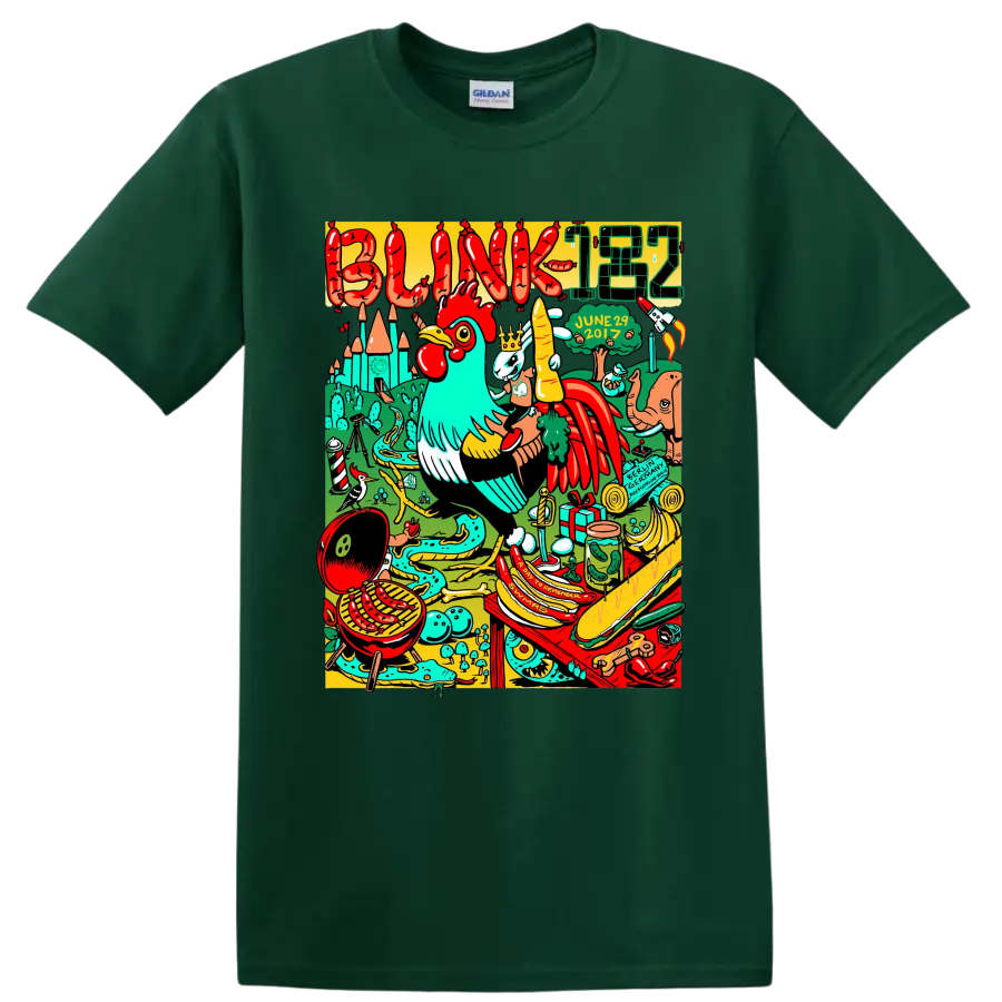 Blink-182 colorful punk rock collage graphic with playful characters on a Forest Green T Shirt