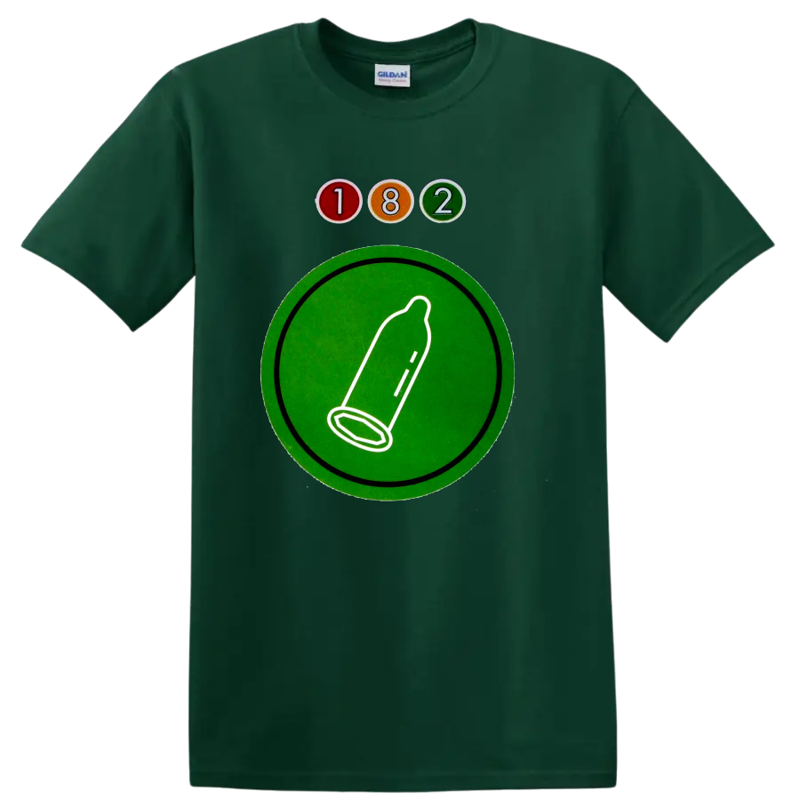 Blink-182 182 logo with colorful circles and green graphic emblem on a Forest Green T Shirt