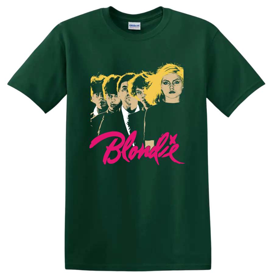 Blondie punk rock band portrait with vivid pink script lettering on a Forest Green T Shirt