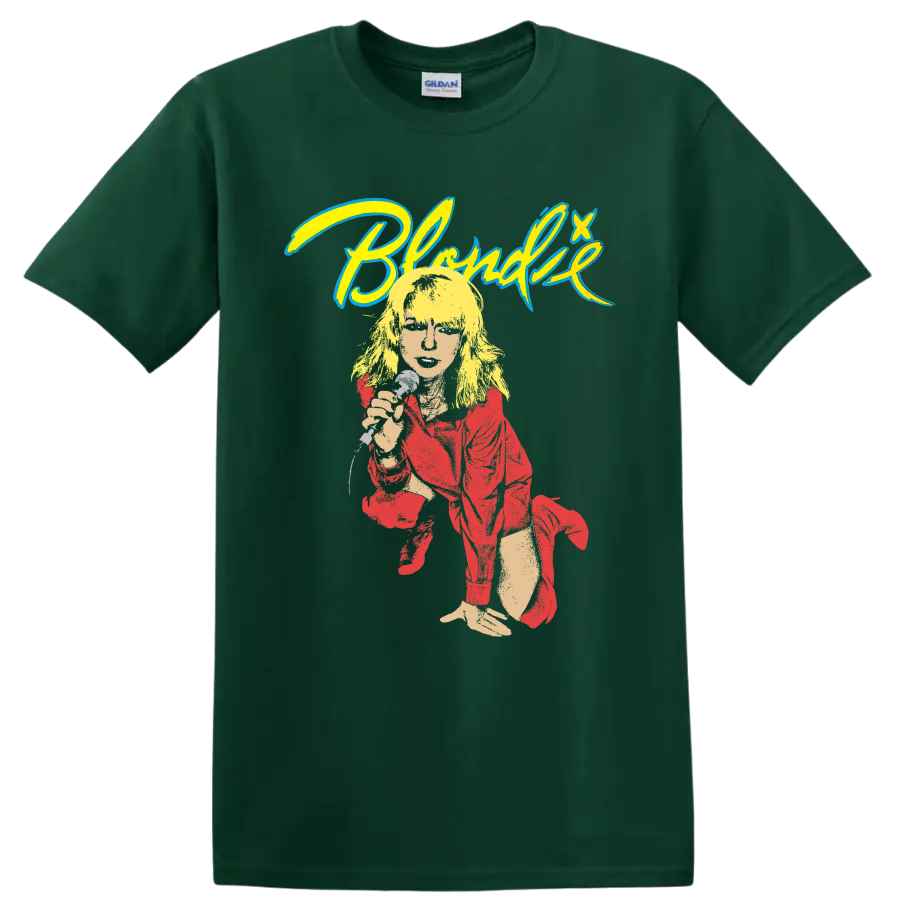 Blondie punk rock graphic with performer, microphone, and bold logo lettering on a Forest Green T Shirt