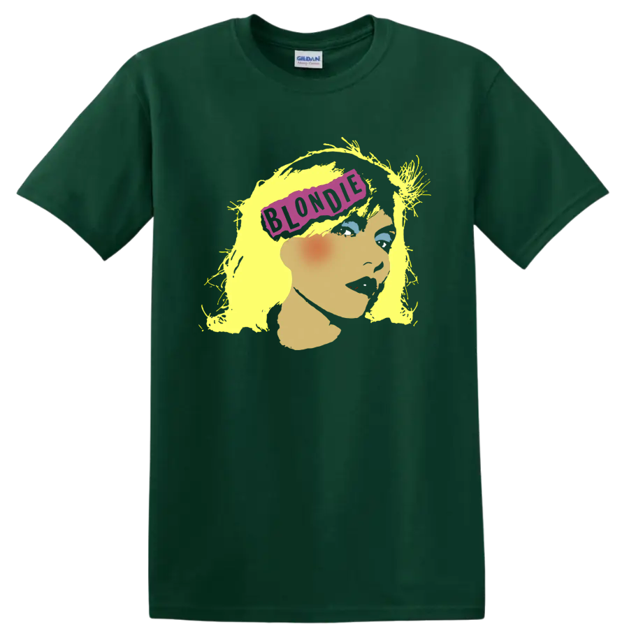 Blondie punk rock portrait with yellow hair and purple banner on a Forest Green T Shirt