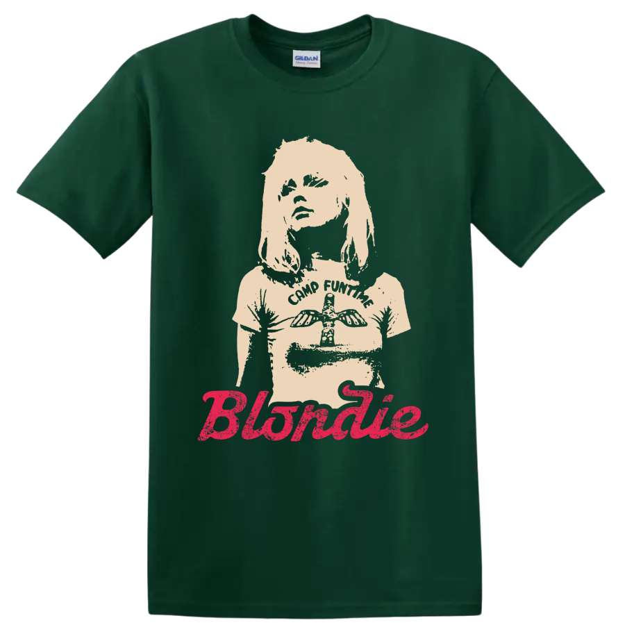 Blondie punk rock portrait with bold pink script lettering on a Forest Green T Shirt