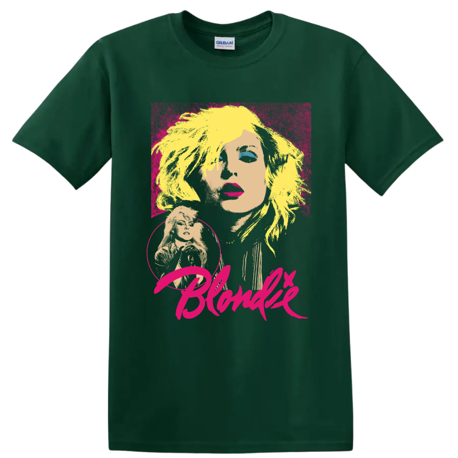 Blondie Debbie Harry pop art portrait with bold pink lettering on a Forest Green T Shirt