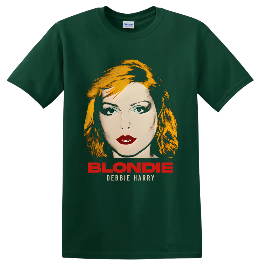 Blondie Debbie Harry portrait graphic with bold punk rock lettering on a Forest Green T Shirt
