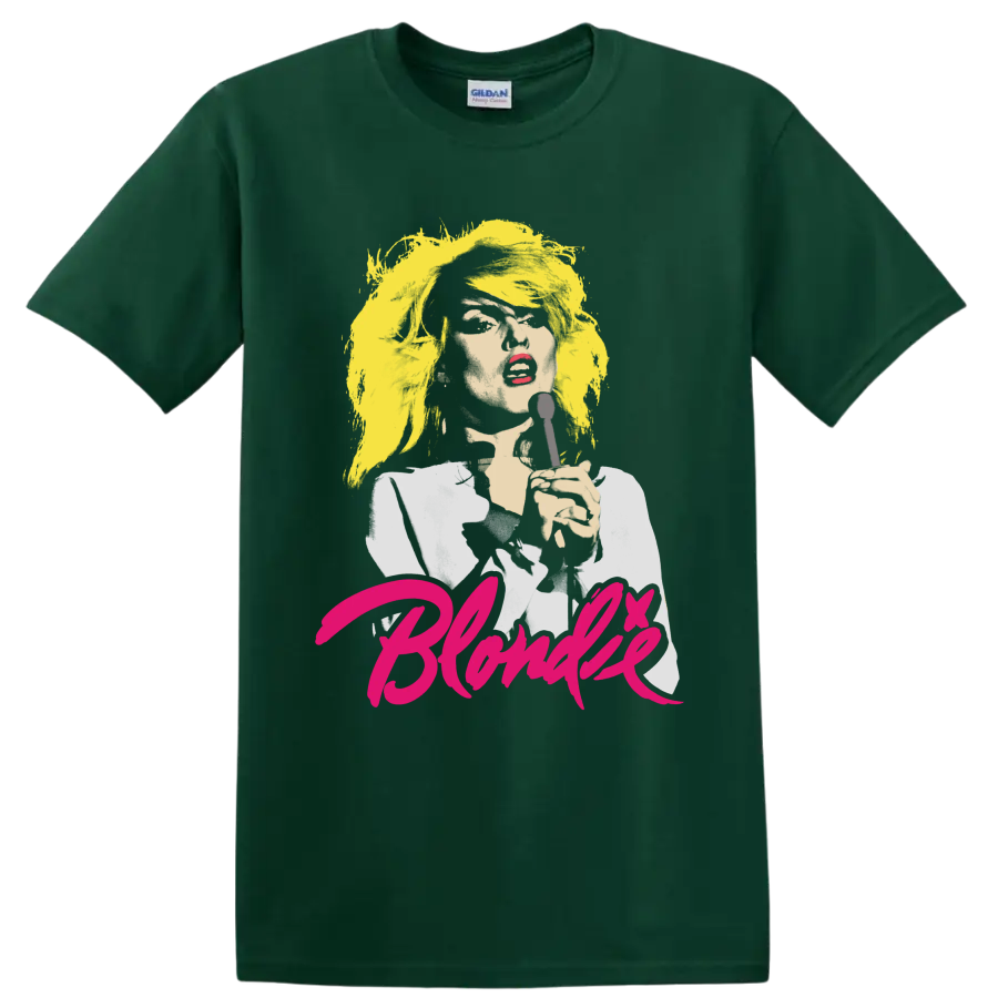 Blondie punk rock singer portrait graphic with microphone and pink lettering on a Forest Green T Shirt