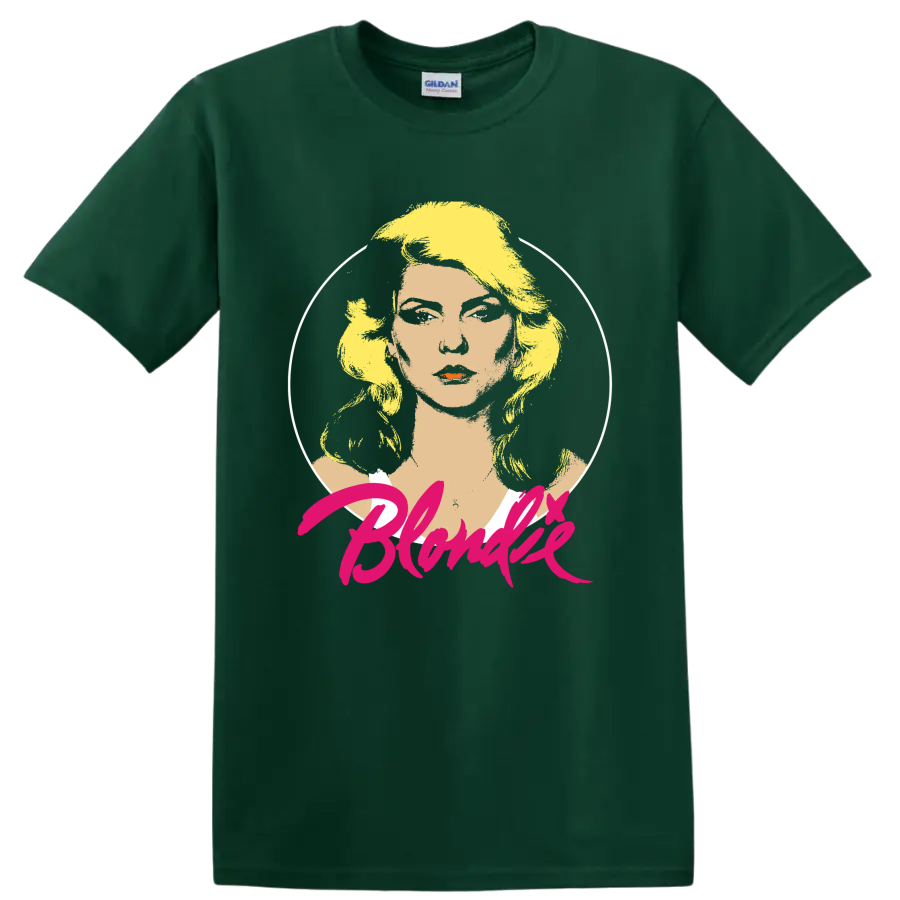 Blondie punk rock portrait graphic with pink script lettering on a Forest Green T Shirt
