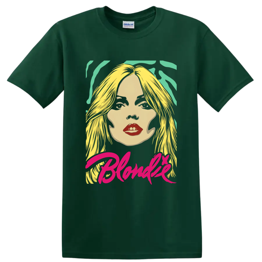 Blondie Debbie Harry pop-art portrait with pink script lettering on a Forest Green T Shirt