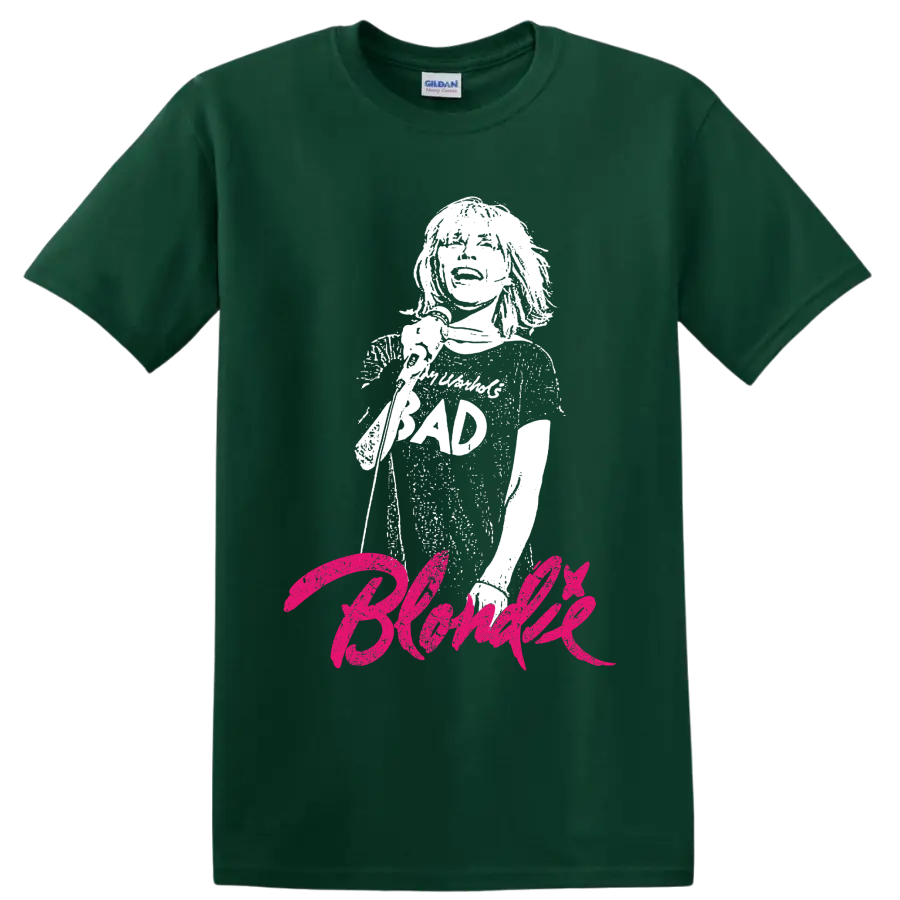 Debbie Harry portrait with hot pink Blondie punk rock lettering on a Forest Green T Shirt