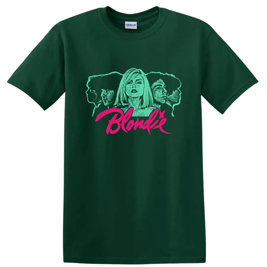 Blondie aqua portrait graphic with hot pink script lettering on a Forest Green T Shirt