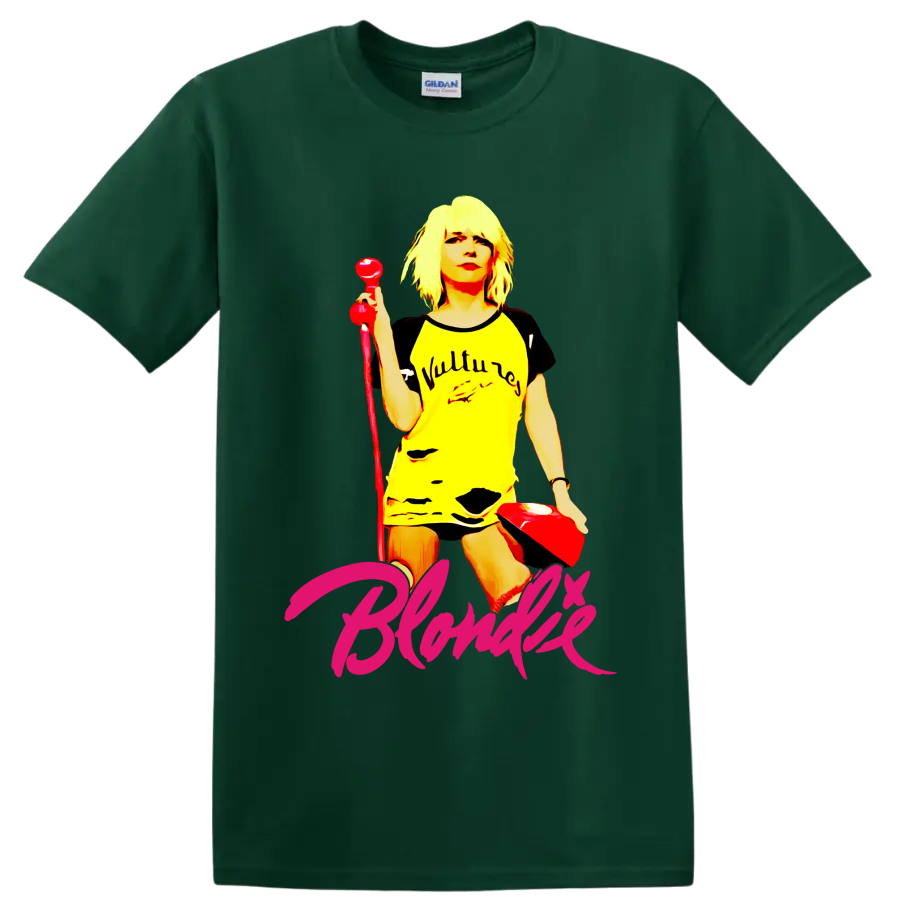 Blondie punk rock vocalist graphic with red microphone and pink script lettering on a Forest Green T Shirt
