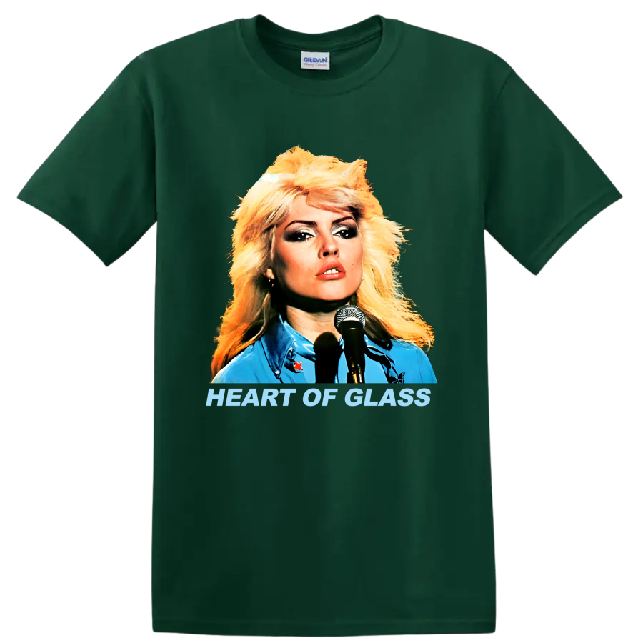 Blondie singer portrait with Heart of Glass text, retro punk rock graphic on a Forest Green T Shirt