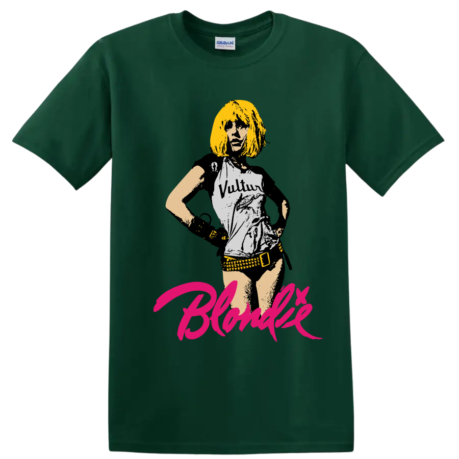 Blondie punk rock portrait graphic with hot pink script lettering on a Forest Green T Shirt