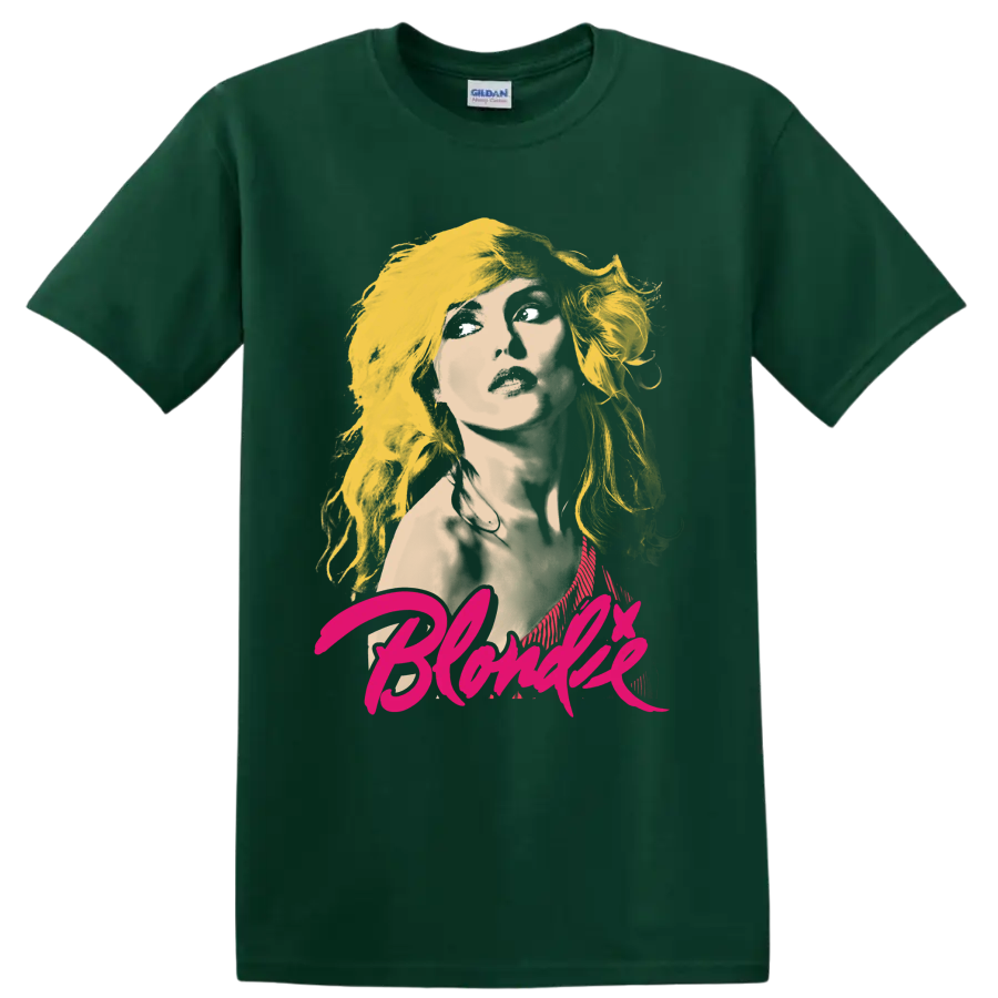 Stylized Debbie Harry portrait from Blondie with bold punk rock graphic lettering on a Forest Green T Shirt