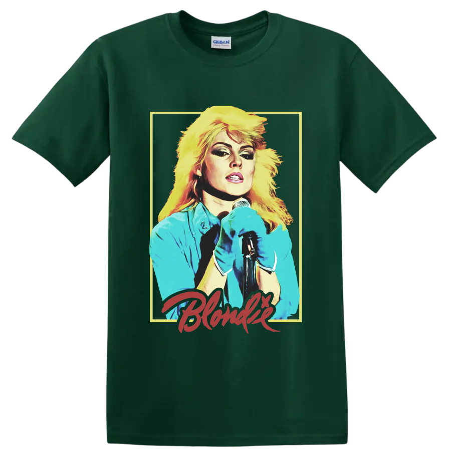 Debbie Harry of Blondie punk rock singer portrait with microphone on a Forest Green T Shirt