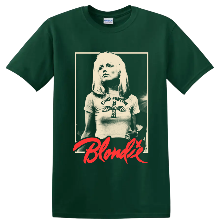 Blondie vintage punk rock portrait with red script graphic print on a Forest Green T Shirt