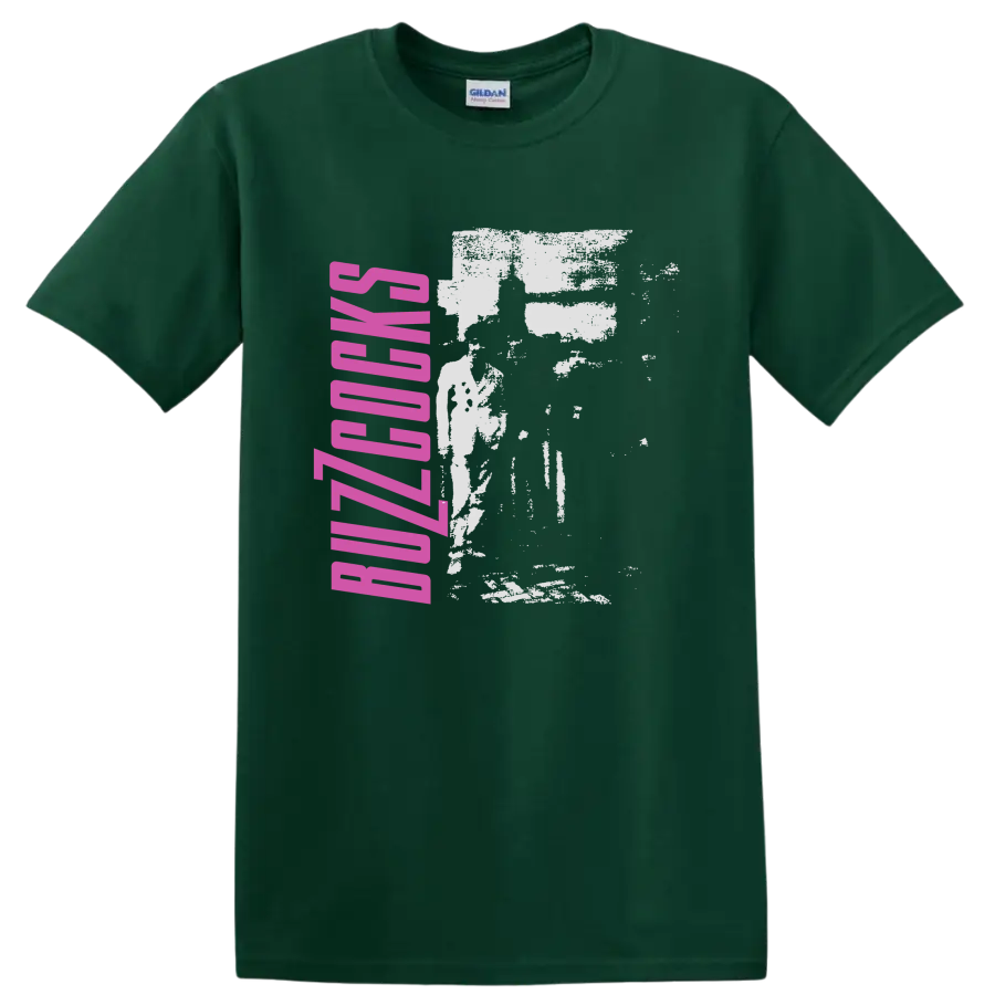 Buzzcocks punk rock band graphic with pink vertical lettering and distressed image on a Forest Green T Shirt