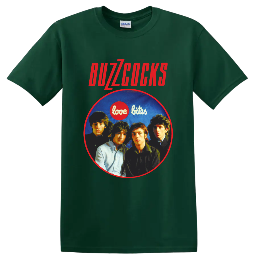 Buzzcocks punk rock band portrait with Love Bites graphic on a Forest Green T Shirt