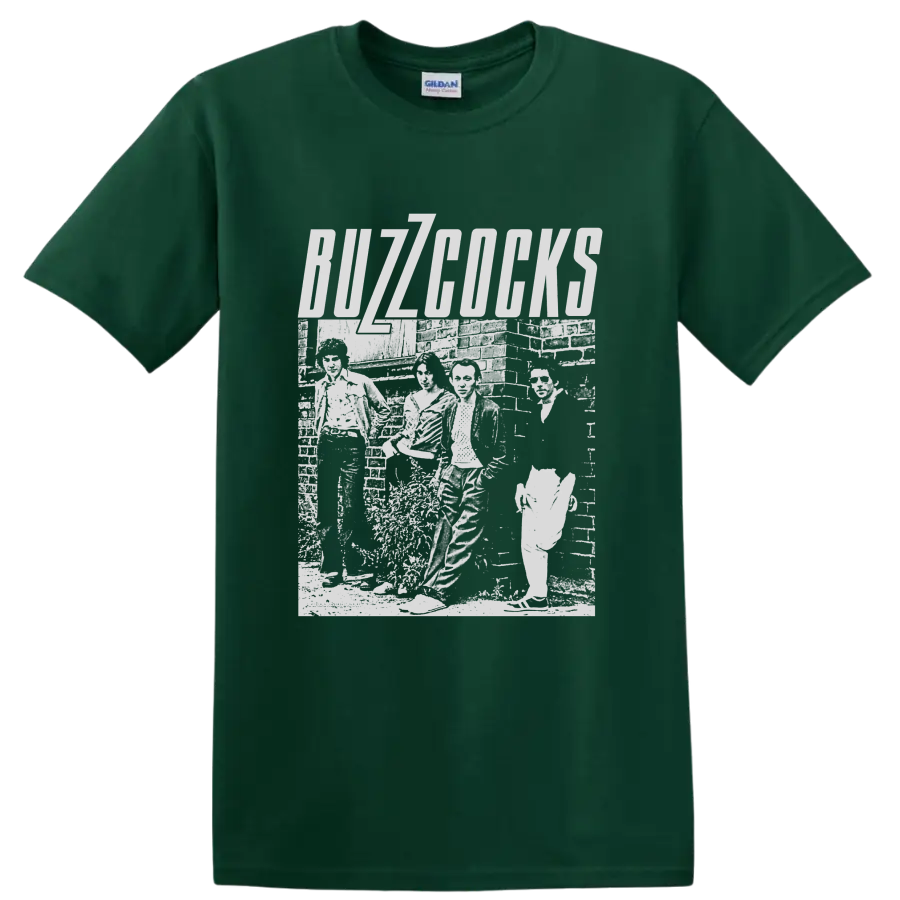 Buzzcocks punk rock band distressed monochrome collage with bold lettering on a Forest Green T Shirt