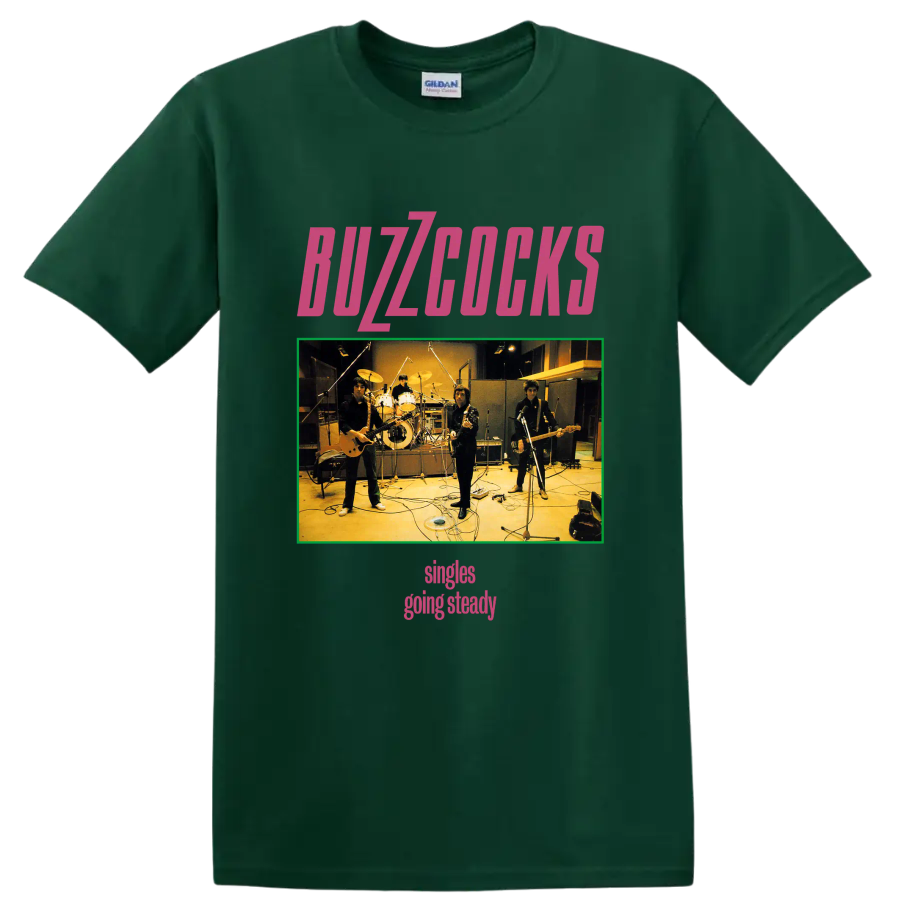 Buzzcocks punk rock band studio photo graphic with pink lettering on a Forest Green T Shirt