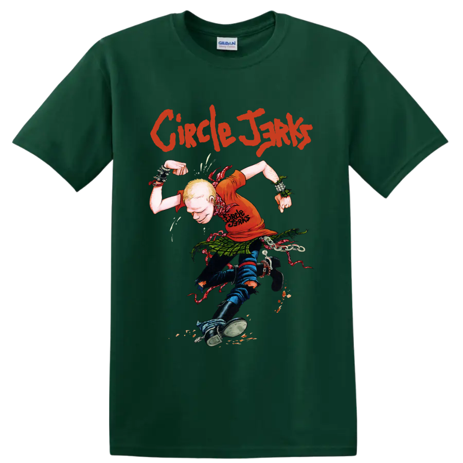 Circle Jerks punk rock graphic with illustrated figure and distressed lettering on a Forest Green T Shirt