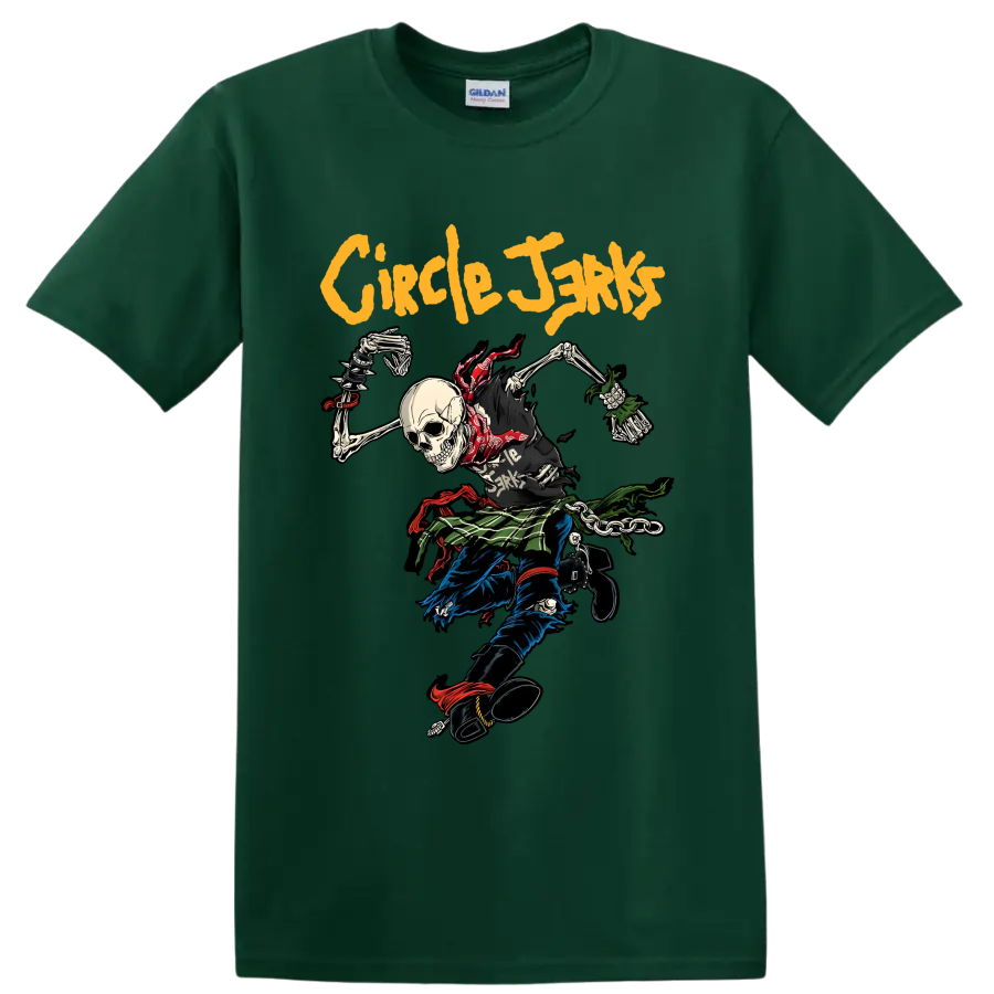 Circle Jerks punk rock skeleton graphic with bold yellow lettering on a Forest Green T Shirt