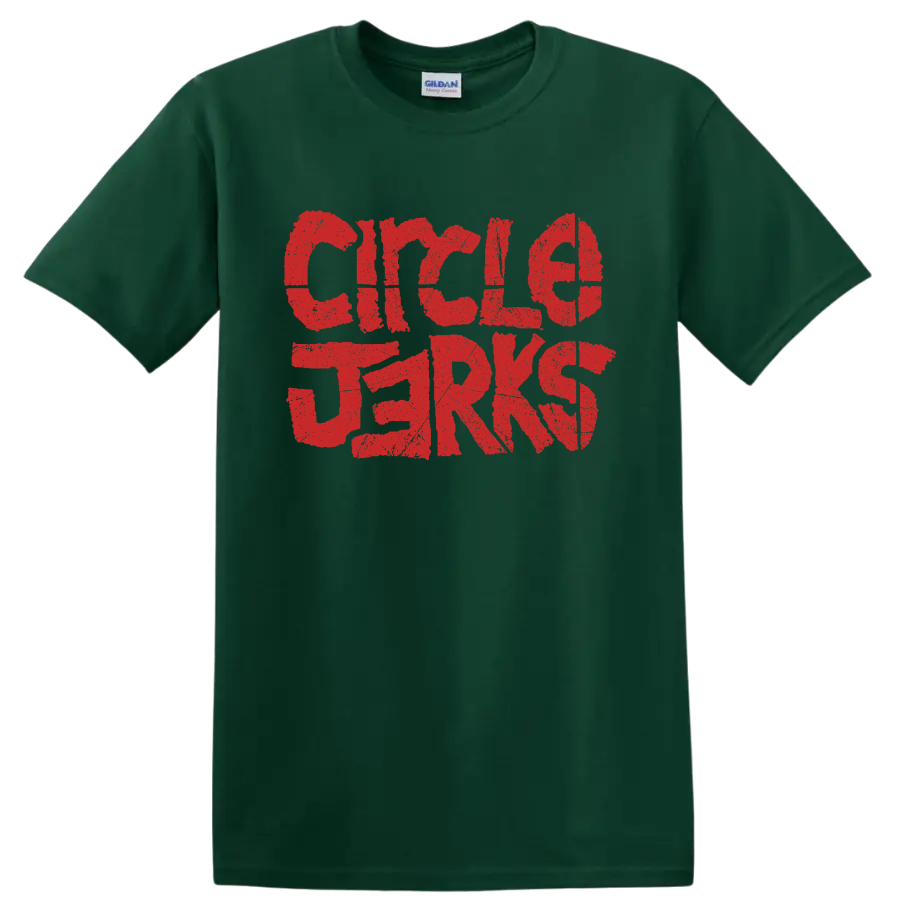 Distressed red Circle Jerks punk rock band lettering graphic on a Forest Green T Shirt