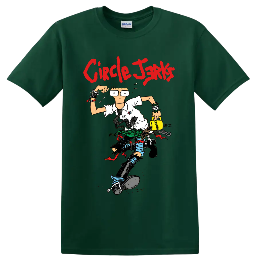 Circle Jerks red lettering with cartoon punk character graphic on a Forest Green T Shirt