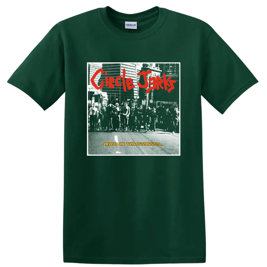 Circle Jerks distressed punk rock band graphic with red lettering on a Forest Green T Shirt
